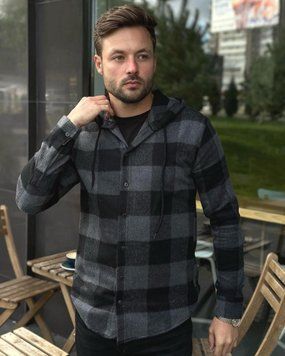 Мужская утепленая байковая рубашка в клетку c капюшоном тёмно-серая Турция 1125 1125 фото