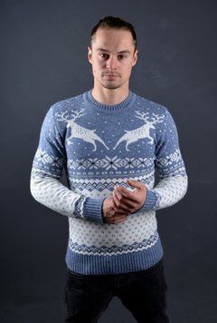 Мужской шерстяной свитер с оленями светло-синий | Мужской новогодний джемпер с оленями TIMOTI Турция 8039 8039 фото